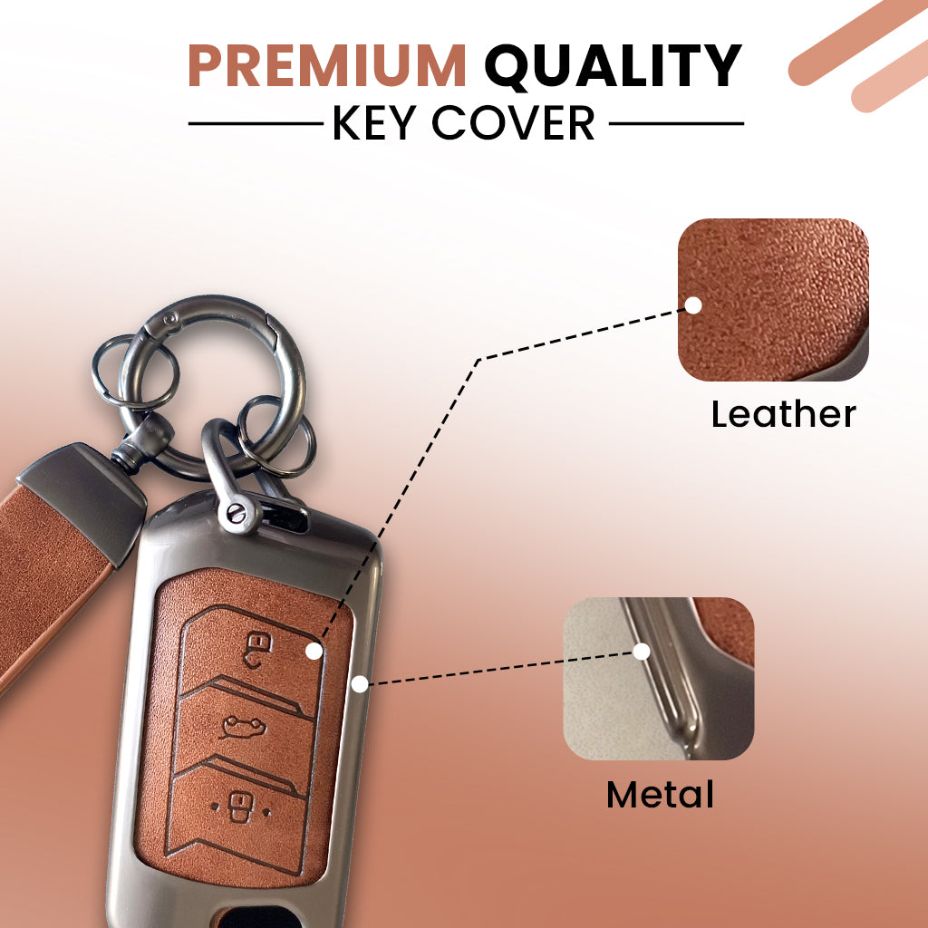 Metal Leather Key Cover For Mahindra Scorpio, XUV 300, Marazzo, XUV 700, 3XO, XUV 400 EV, Bolero, Thar, TUV 3 & Thar Roxx | 3 Button Flip Key