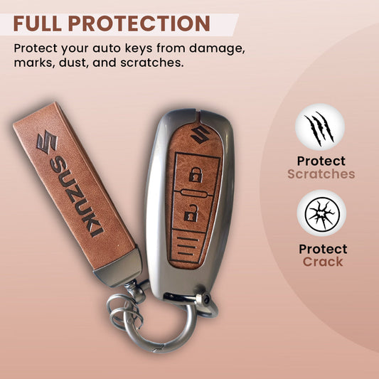Metal Leather Key Cover for Suzuki Baleno, Ciaz, Grand Vitara, Brezza, S Cross, Swift, Ignis, XL6, Fronx | 2 Button Smart Key