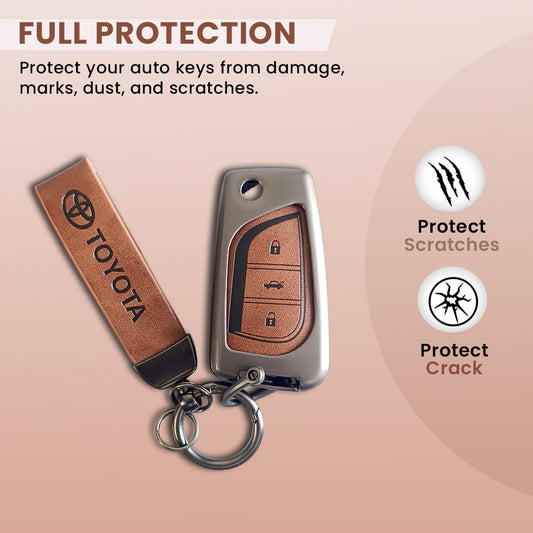 Metal Leather Car Key Cover For Toyota Corolla Altis, Innova Crysta | 3 Button Flip Key