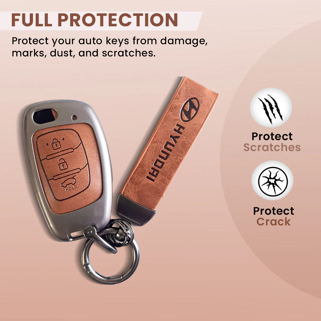 Metal Leather Car Key Cover Compatible With Creta, Venue, Aura, i20,Grand i10 Nios, Xcent | 3 Button Flip Key
