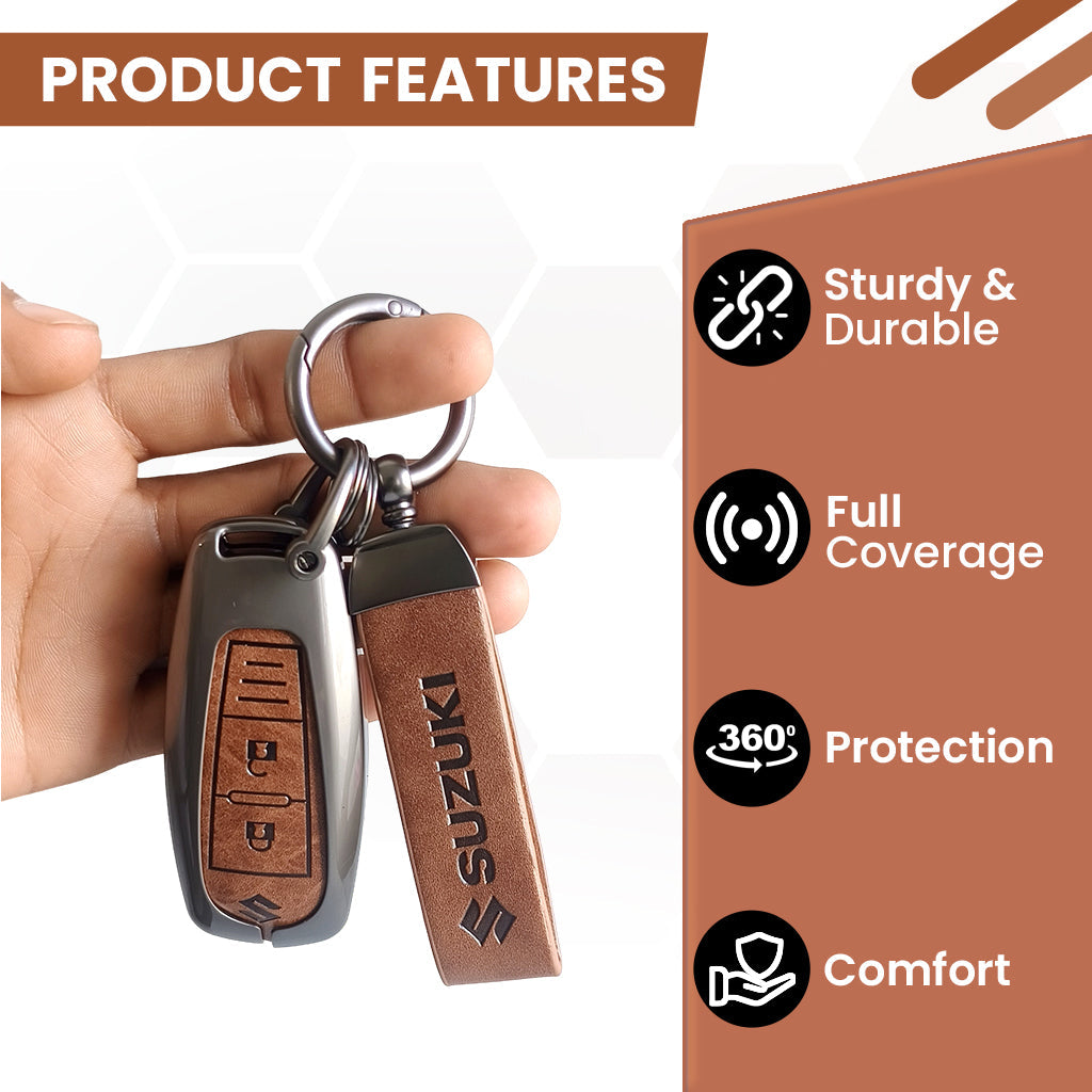 Metal Leather Key Cover for Suzuki Baleno, Ciaz, Grand Vitara, Brezza, S Cross, Swift, Ignis, XL6, Fronx | 2 Button Smart Key