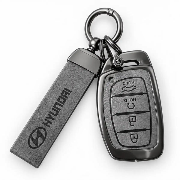 Metal Leather Key Cover For Hyundai Alcazar | Hyundai Alcazar Key Cover | Hyundai Alcazar 4 button smart key cover Grey