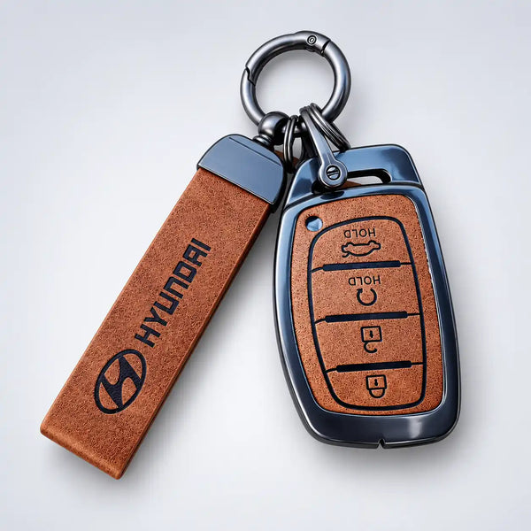 Metal Leather Key Cover For Hyundai Alcazar | Hyundai Alcazar Key Cover | Hyundai Alcazar 4 button smart key cover Brown