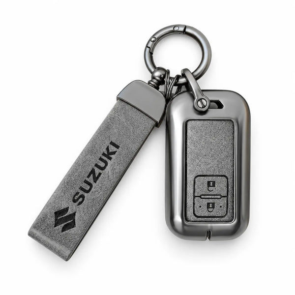 Metal Leather Key Cover For Suzuki Baleno | Suzuki Baleno Key Cover | Suzuki Baleno 2 Button Smart Key Cover Grey