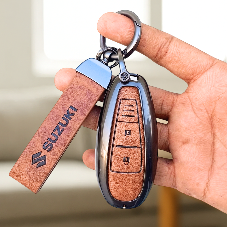 Metal Leather Key Cover for Suzuki Baleno, Ciaz, Grand Vitara, Brezza, S Cross, Swift, Ignis, XL6, Fronx | 2 Button Smart Key
