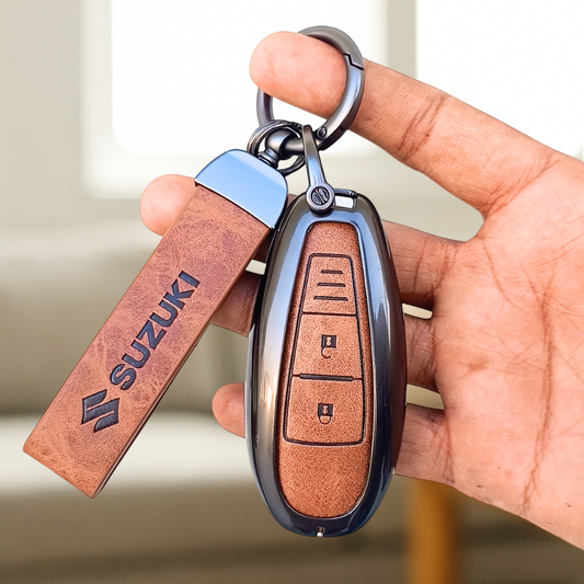 Metal Leather Key Cover for Suzuki Baleno, Ciaz, Grand Vitara, Brezza, S Cross, Swift, Ignis, XL6, Fronx | 2 Button Smart Key