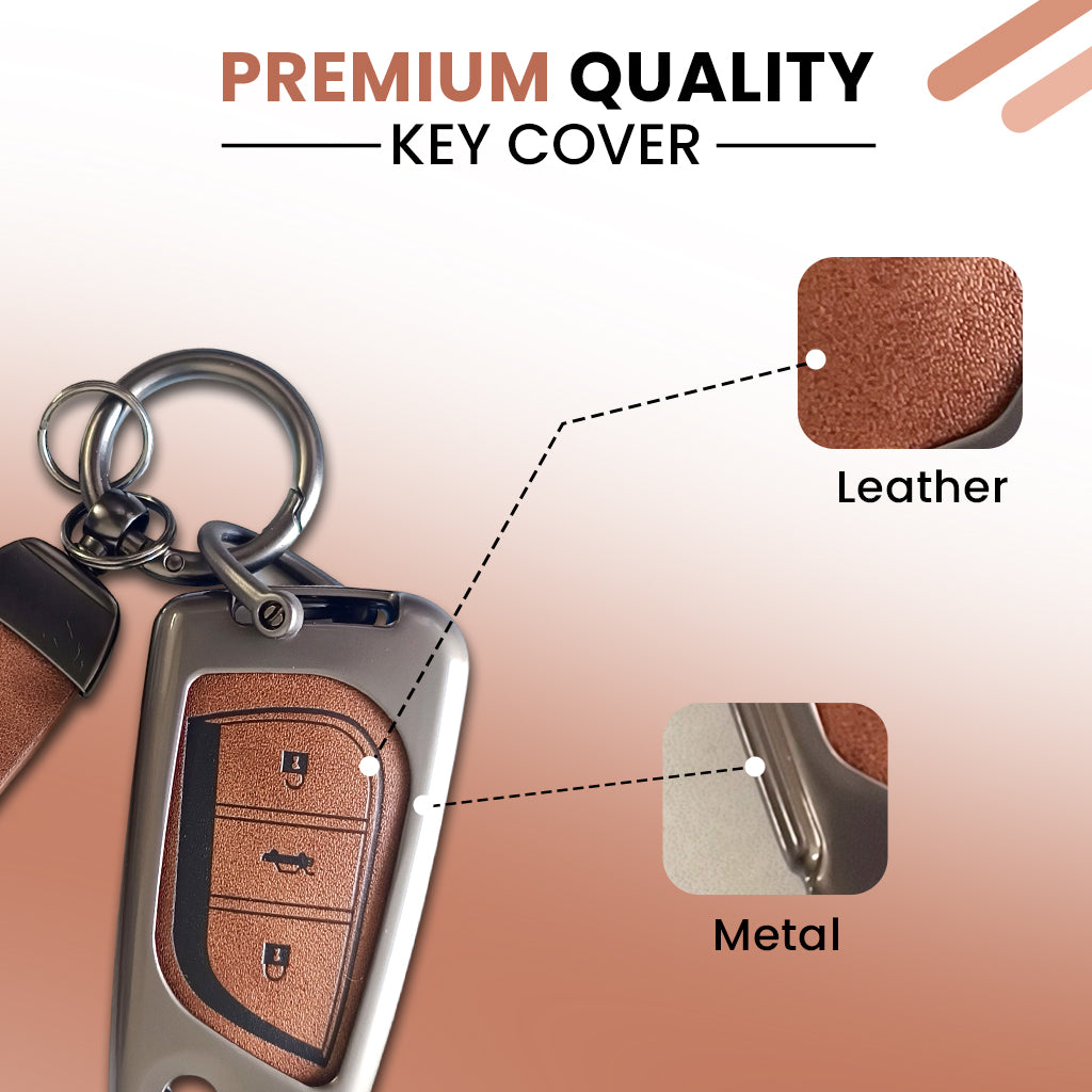 Metal Leather Car Key Cover For Toyota Corolla Altis, Innova Crysta | 3 Button Flip Key