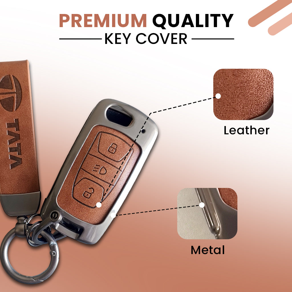 Metal Leather Car Key Cover For TATA Arai, Safari, Tiago, Zest, Bolt, Tigor, Hexa, Nexon, Harrier, Altroz, Punch | 3 Button Flip Key