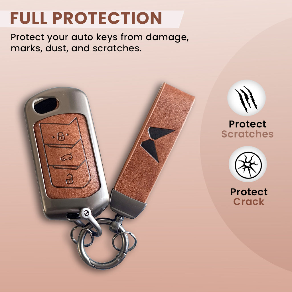 Metal Leather Key Cover For Mahindra Scorpio, XUV 300, Marazzo, XUV 700, 3XO, XUV 400 EV, Bolero, Thar, TUV 3 & Thar Roxx | 3 Button Flip Key