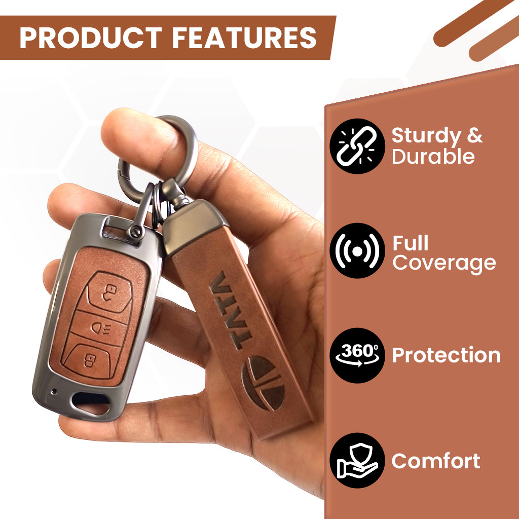 Metal Leather Car Key Cover For TATA Arai, Safari, Tiago, Zest, Bolt, Tigor, Hexa, Nexon, Harrier, Altroz, Punch | 3 Button Flip Key