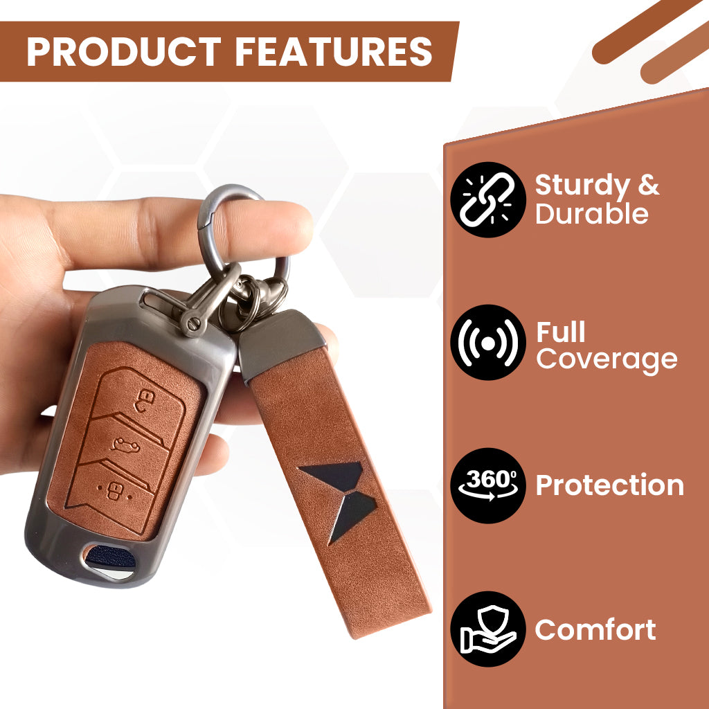 Metal Leather Key Cover For Mahindra Scorpio, XUV 300, Marazzo, XUV 700, 3XO, XUV 400 EV, Bolero, Thar, TUV 3 & Thar Roxx | 3 Button Flip Key