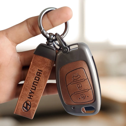 Metal Leather Car Key Cover Compatible With Creta, Venue, Aura, i20,Grand i10 Nios, Xcent | 3 Button Flip Key