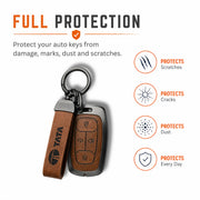 Metal Leather Key Cover For TATA EV | TATA EV Key Cover | TATA EV 4 Button Smart Key Cover Brown