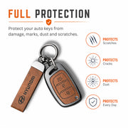 Metal Leather Key Cover For Hyundai Aura | Hyundai Key Case | Hyundai 3 Button Flip Key Cover Brown