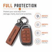 Metal Leather Key Cover For Hyundai Creta | Hyundai Creta Key Cover | Hyundai Creta 3 button smart key cover Brown