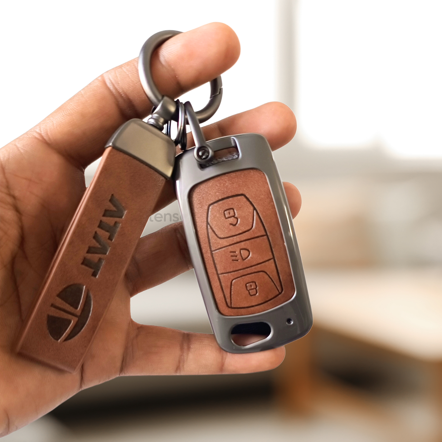 Metal Leather Car Key Cover For TATA Arai, Safari, Tiago, Zest, Bolt, Tigor, Hexa, Nexon, Harrier, Altroz, Punch | 3 Button Flip Key