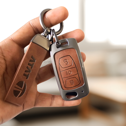 Metal Leather Car Key Cover For TATA Arai, Safari, Tiago, Zest, Bolt, Tigor, Hexa, Nexon, Harrier, Altroz, Punch | 3 Button Flip Key