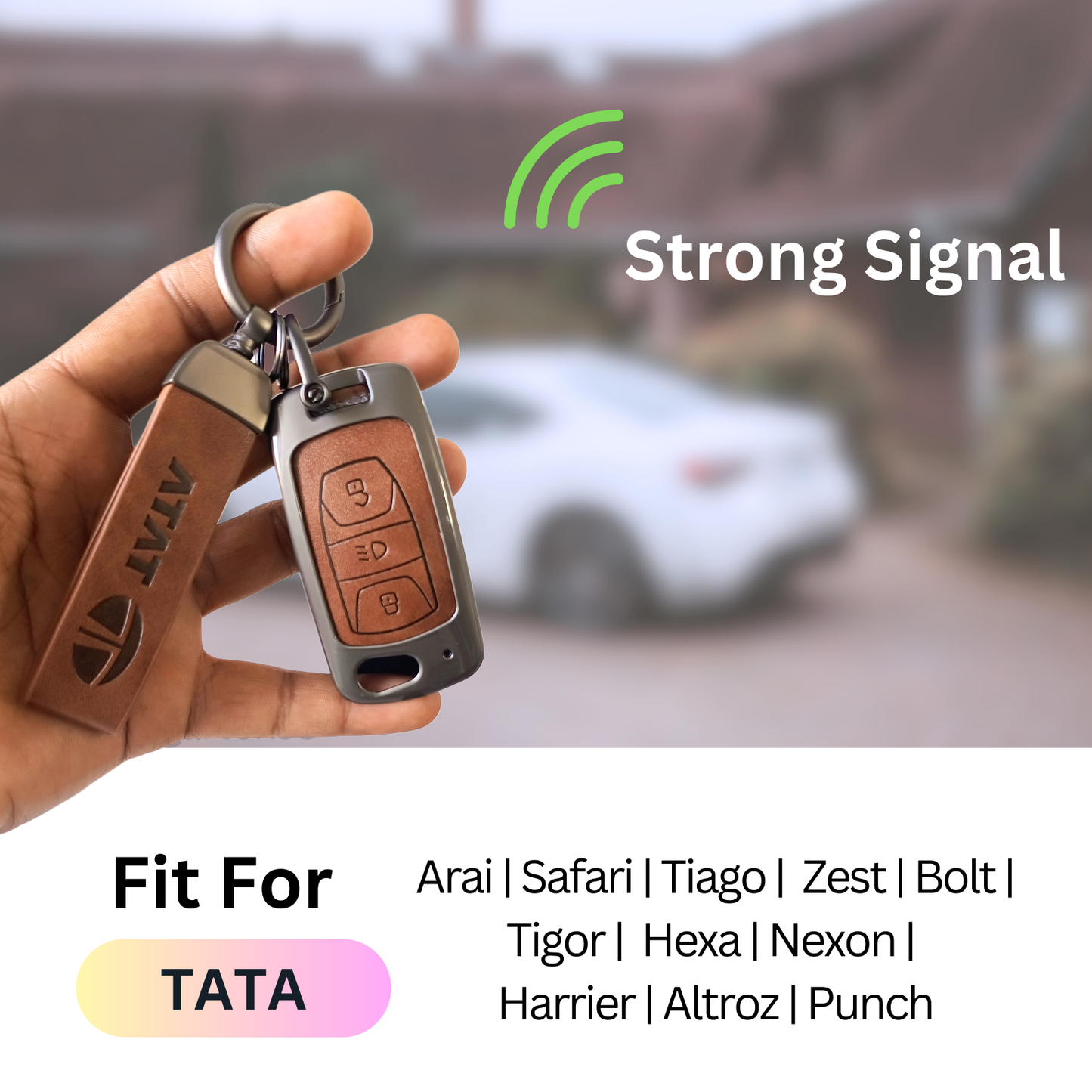 Metal Leather Car Key Cover For TATA Arai, Safari, Tiago, Zest, Bolt, Tigor, Hexa, Nexon, Harrier, Altroz, Punch | 3 Button Flip Key