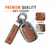 Metal Leather Key Cover For Hyundai Aura | Hyundai Key Case | Hyundai 3 Button Flip Key Cover Brown