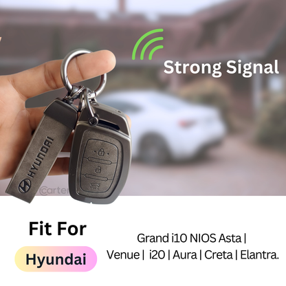 Metal & Leather Car Key Cover – Compatible with Grand i10 NIOS Asta, Venue, i20, Aura, Creta, Elantra | 3 Button Smart Key