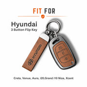 Metal Leather Key Cover For Hyundai Aura | Hyundai Key Case | Hyundai 3 Button Flip Key Cover Brown