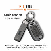 Metal Leather Key Cover For Mahindra Thar | Mahindra Thar Key Cover | 3 Button Flip Key Cover Grey