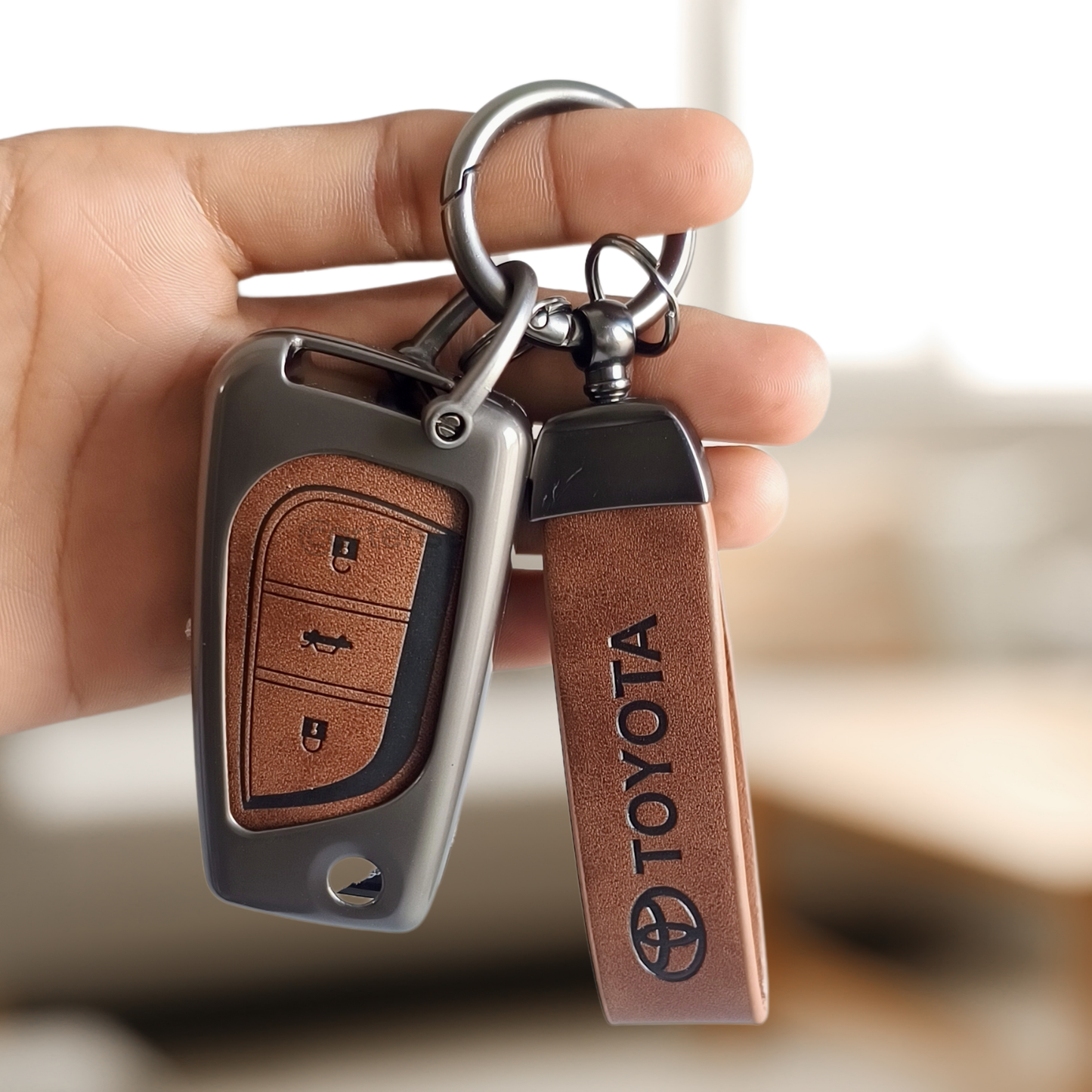 Metal Leather Car Key Cover For Toyota Corolla Altis, Innova Crysta | 3 Button Flip Key
