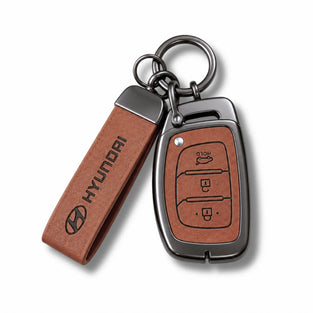 Metal Leather Key Cover For Hyundai Aura | Hyundai Aura Key Cover | Hyundai Aura 3 button smart key cover Brown