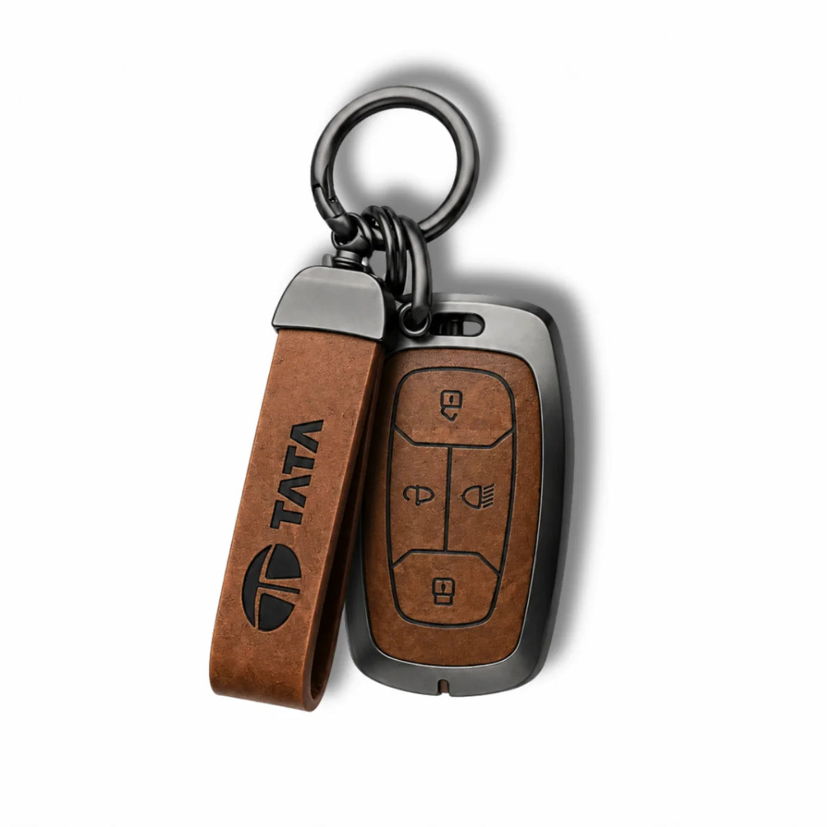 Metal Leather Key Cover For TATA EV | TATA EV Key Cover | TATA EV 4 Button Smart Key Cover Brown