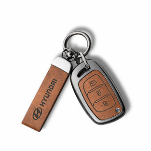 Metal Leather Key Cover For Hyundai Aura | Hyundai Key Case | Hyundai 3 Button Flip Key Cover Brown