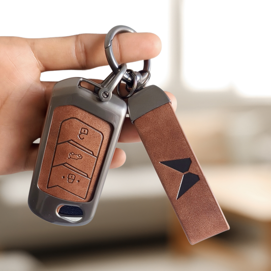 Metal Leather Key Cover For Mahindra Scorpio, XUV 300, Marazzo, XUV 700, 3XO, XUV 400 EV, Bolero, Thar, TUV 3 & Thar Roxx | 3 Button Flip Key
