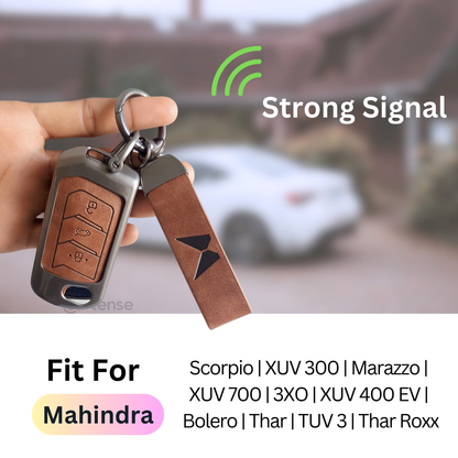 Metal Leather Key Cover For Mahindra Scorpio, XUV 300, Marazzo, XUV 700, 3XO, XUV 400 EV, Bolero, Thar, TUV 3 & Thar Roxx | 3 Button Flip Key