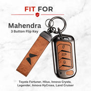 Metal Leather Key Cover For Mahindra Bolero B6 | Mahindra Bolero B6 Key Cover | 3 Button Flip Key Cover Brown