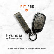Metal Leather Key Cover For Hyundai i20 | Hyundai Key Case | Hyundai 3 Button Flip Key Cover Grey