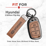 Metal Leather Key Cover For Hyundai Aura | Hyundai Key Case | Hyundai 3 Button Flip Key Cover Brown