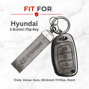 Metal Leather Key Cover For Hyundai Creta | Hyundai Key Case| Hyundai 3 button Flip key cover Grey