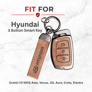 Metal Leather Key Cover For Hyundai Aura | Hyundai Aura Key Cover | Hyundai Aura 3 button smart key cover Brown