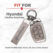 Metal Leather Key Cover For Hyundai Creta | Hyundai Creta Key Cover | Hyundai Creta 3 button smart key cover Grey