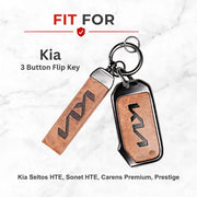 Metal Leather Key Cover For Kia Sonet HTE | Kia Sonet HTE Key Cover | Kia Sonet 3 Button Flip Key Cover Brown