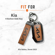 Metal Leather Key Cover For Kia Seltos | Kia Seltos Key Cover | Kia Seltos 4 Button Key Cover Brown