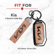 Metal Leather Key Cover For Kia Sonet | Kia Sonet Key Cover | Kia Sonet 4 Button Key Cover Brown