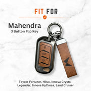 Metal Leather Key Cover For Mahindra TUV 3 | Mahindra TUV 3 Key Cover | 3 Button Flip Key Cover Brown