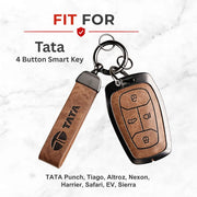 Metal Leather Key Cover For TATA EV | TATA EV Key Cover | TATA EV 4 Button Smart Key Cover Brown