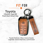 Metal Leather Key Cover For Toyota Hilux | Toyota Hilux Key Cover | Hilux 3 Button M1 Push Start Smart Key Cover Brown