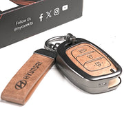 Metal Leather Key Cover For Hyundai Aura | Hyundai Key Case | Hyundai 3 Button Flip Key Cover Brown