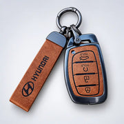 Metal Leather Key Cover For Hyundai Creta | Hyundai Creta Key Cover | Hyundai Creta 4 button smart key cover Brown