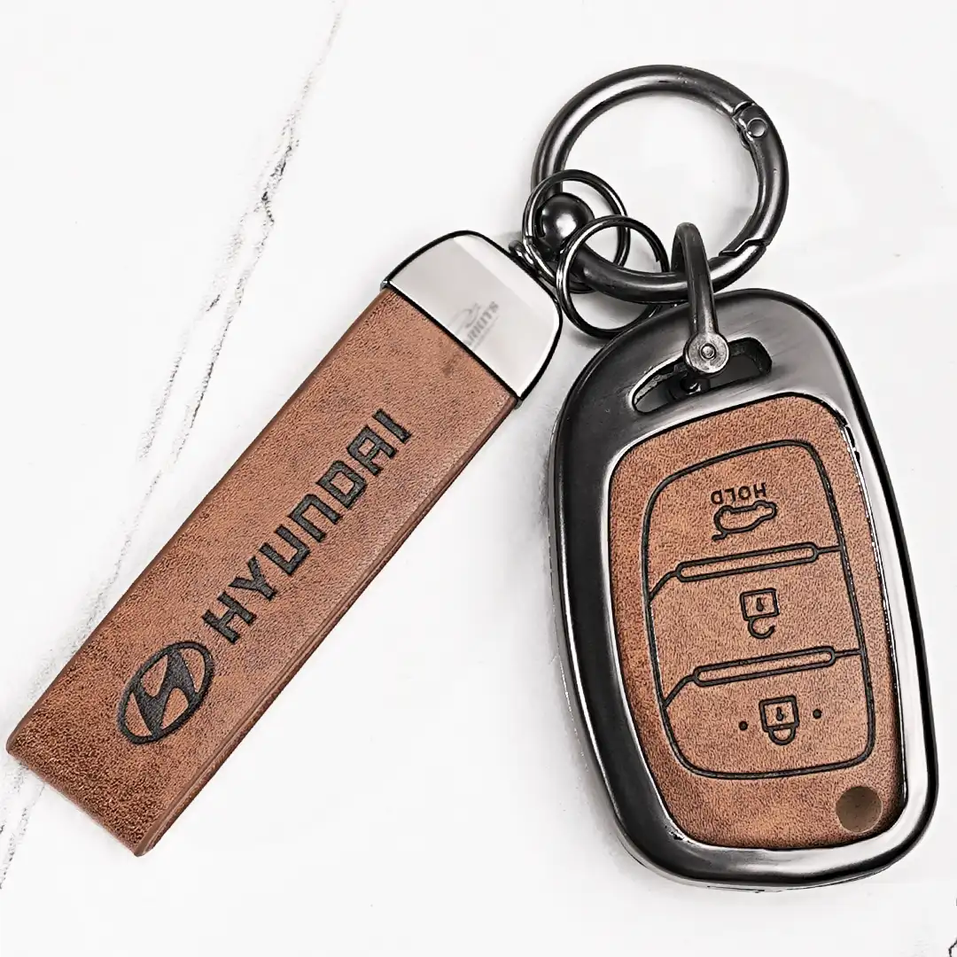 Metal Leather Key Cover For Hyundai Aura | Hyundai Key Case | Hyundai 3 Button Flip Key Cover Brown