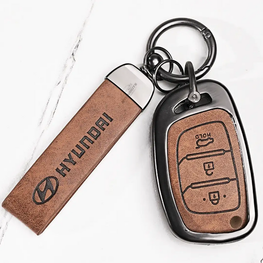 Metal Leather Key Cover For Hyundai Aura | Hyundai Key Case | Hyundai 3 Button Flip Key Cover Brown