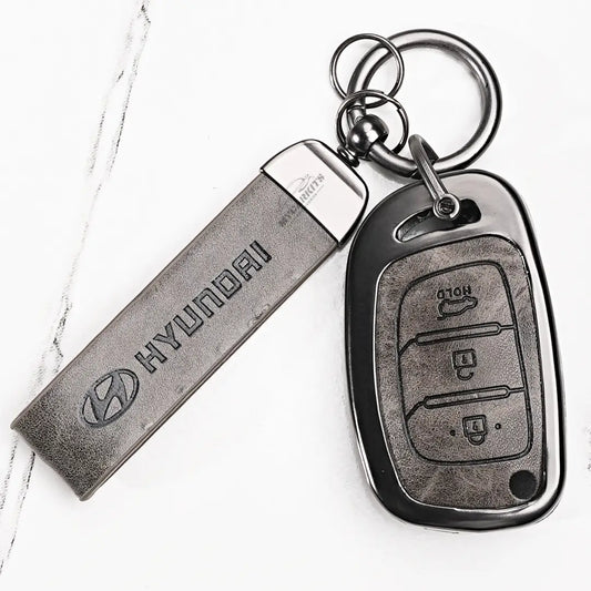 Metal Leather Key Cover For Hyundai i20 | Hyundai Key Case | Hyundai 3 Button Flip Key Cover Grey