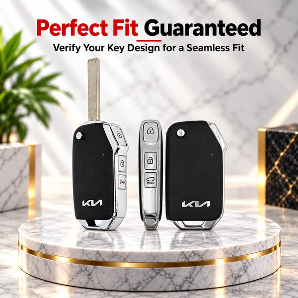 Metal Leather Key Cover For Kia Carens Premium | Kia Carens Premium Key Cover | Carens Premium 3 Button Flip Key Cover Grey